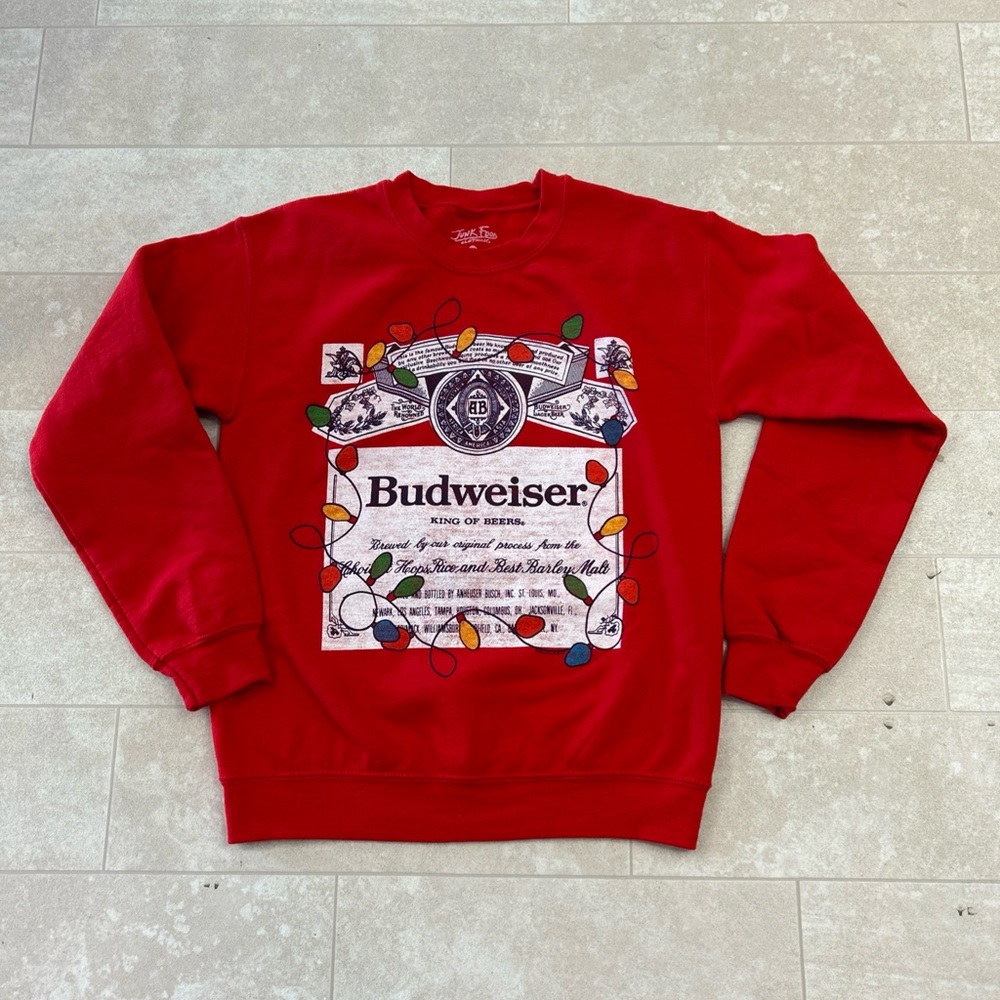 Junk Food Budweiser Ugly Christmas Graphic Sweatshirt Size XS Pullover UnisexRED